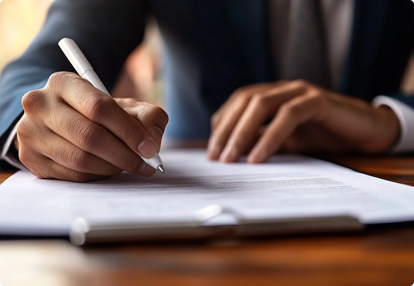 A person in a suit is signing a document with a white pen on a wooden desk.